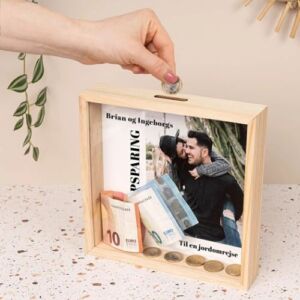 Personlig træ sparebøsse med billede og tekst
